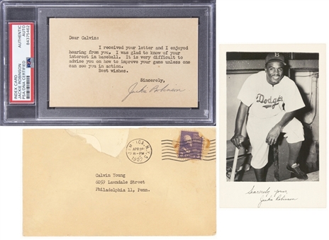 Jackie Robinson Signed Note With Original Envelope & Photo Postcard (PSA/DNA & Beckett)